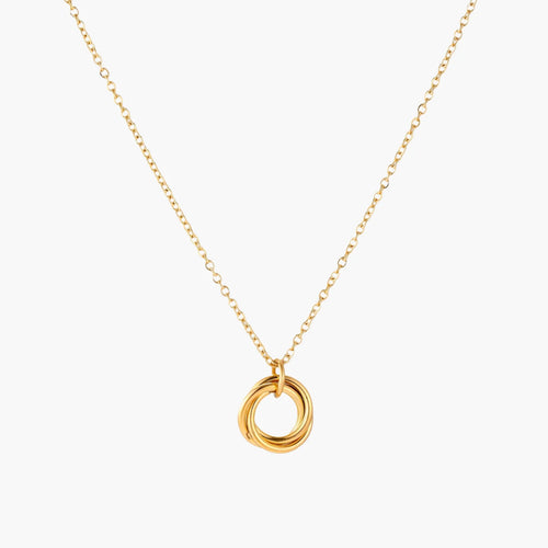 Delicate gold-plated necklace with three interlocking circle rings forming a minimalist knot pendant on cream background