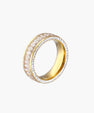14K gold-plated ring with dual rows of clear baguette and round zirconia stones on cream background.