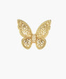 Intricate gold-plated butterfly ring with filigree cutout wings and adjustable band on white background.