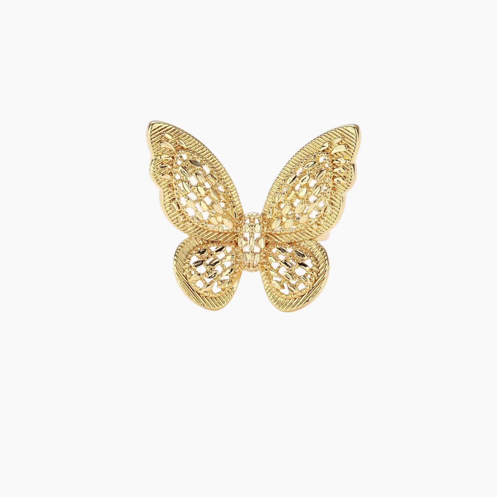 Intricate gold-plated butterfly ring with filigree cutout wings and adjustable band on white background.