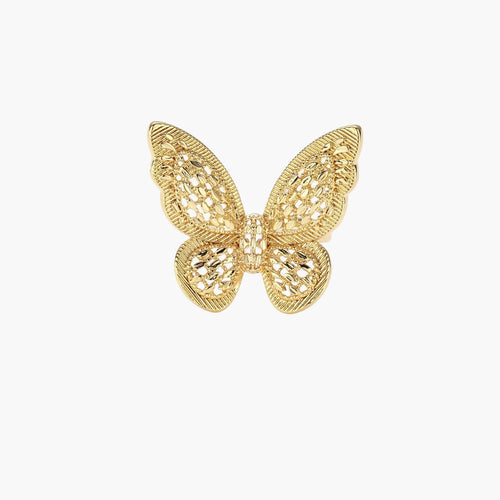 Intricate gold-plated butterfly ring with filigree cutout wings and adjustable band on white background.