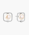 Rhodium-plated silver stud earrings with cushion frame, centered freshwater pearl, and tiny crystal accent