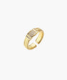 Gold-plated adjustable ring with ribbed band and rectangular pavé cubic zirconia panel on white background.