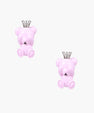 Lavender pink teddy bear earrings with silver crowns, white gold plated brass, viewed from back on cream background