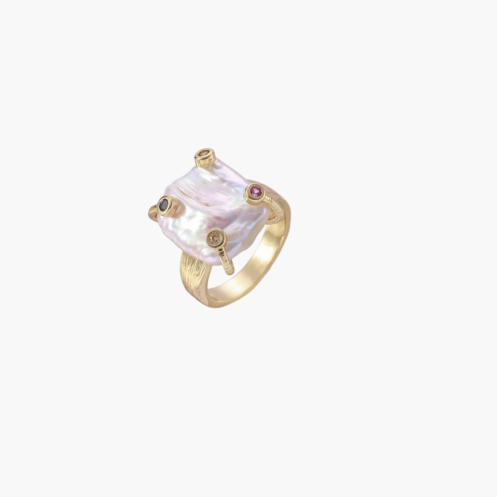 Gold ring with large iridescent baroque pearl and four colored gemstones on textured band